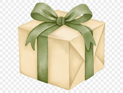 Cream gift box with green ribbon watercolor Christmas present illustration Vector.