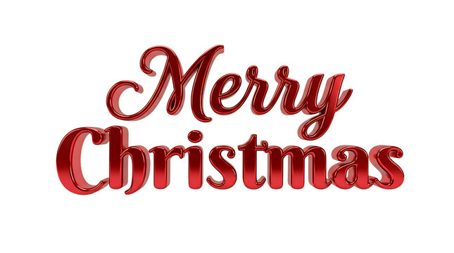 A festive red metallic merry christmas text sign with a glossy 3d effect presented as an isolated on transparent background