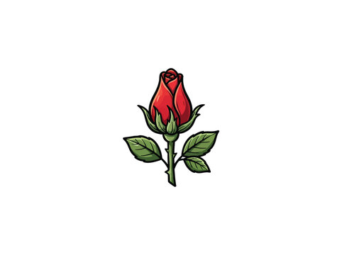 Red Rose Bud With Green Leaves Isolated On White Background Centered.eps