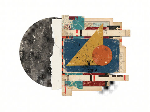 Abstract Geometric Mixed Media Collage with Distressed Paper Textures and Full Moon Shape