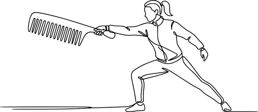 Single continuous line drawing of a person holding a large hair comb like a sword in a fighting pose
