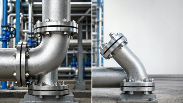 90 Degree vs 45 Degree Pipe Elbow Fittings in Industrial Water Pipeline, Close-Up Comparison