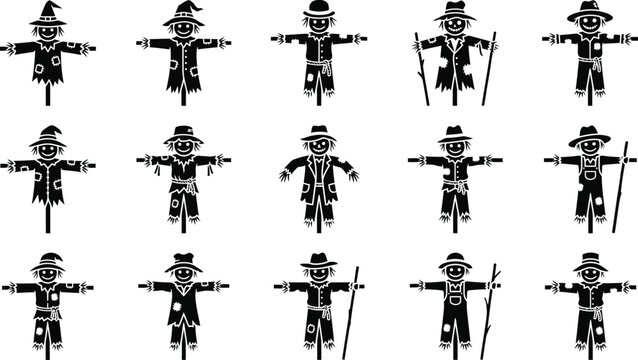 A collection of fifteen unique scarecrow silhouettes for a cool vector halloween design project on white background