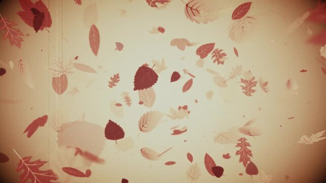 Autumn background featuring falling leaves in warm shades of orange, brown, red, and gold. This vintage styled animation is suitable for Fall themed designs and nature concepts. Full HD loop.