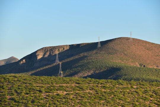 Electrical power lines in the desert mountains around La Paz, Mexico