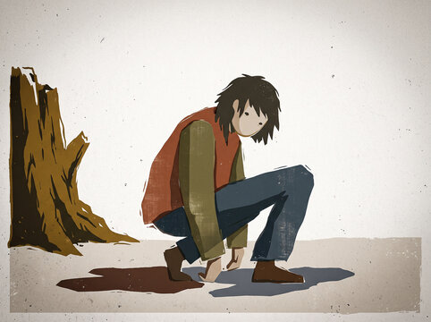 Stylized illustration of a person squatting near a tree stump on textured background