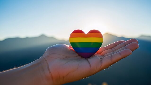 Holding a rainbow heart with love and pride in the hand