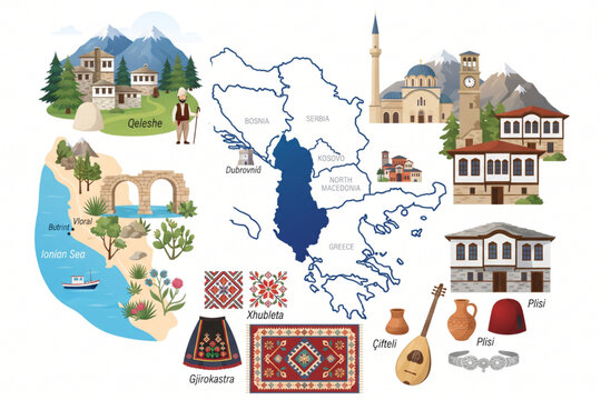 Albania Travel Landmarks and Cultural Symbols Set with Country Map Vector Illustration