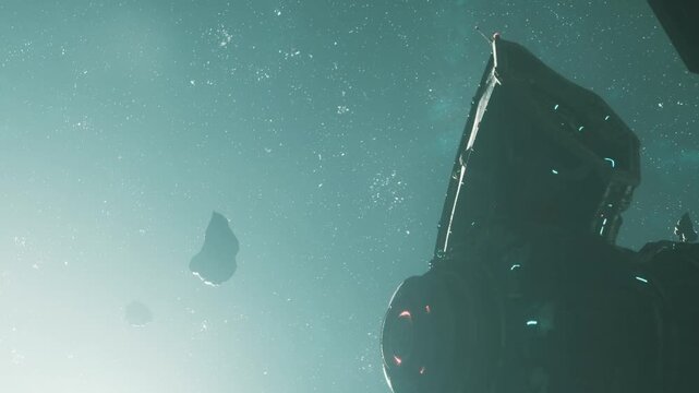 Asteroids float in space near a spacecraft. Bright stars shine in the background. This scene shows a view of outer space during a night journey through the universe.