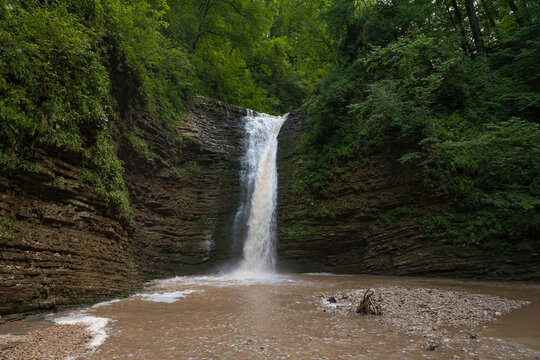 Maiden's Spit waterfall on a July afternoon. Rufabgo waterfalls, Adygea, Russian Federation