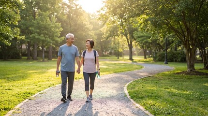 Obraz premium ** Happy Senior Couple Walking in Park on Sunny Day for Active Lifestyle and Health Promotion
