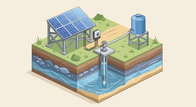A 3D isometric cutaway showing solar panels powering a deep well pump to fill a storage tank. Displays ground layers, aquifer, and renewable energy components in a clean vector style.