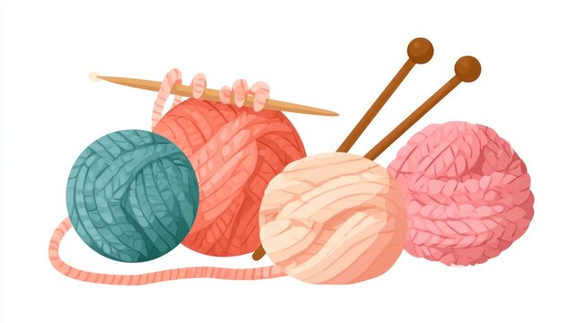 Colorful Balls of Yarn and Wooden Knitting Needles Illustration