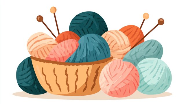 Hand-drawn illustration of colorful yarn balls and knitting needles in a basket