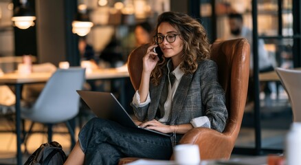 Fototapeta premium Professional woman working on laptop and talking on phone in modern office lounge area