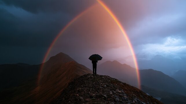 Lone silhouette with umbrella standing on a mountain peak under a magnificent double rainbow in a dramatic stormy landscape