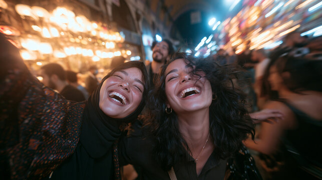 Happy Diverse Women Laughing in Crowded Night Market