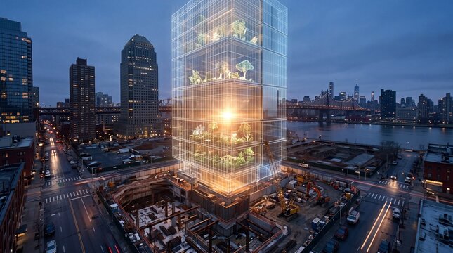 Futuristic Green Skyscraper Hologram on City Construction Site