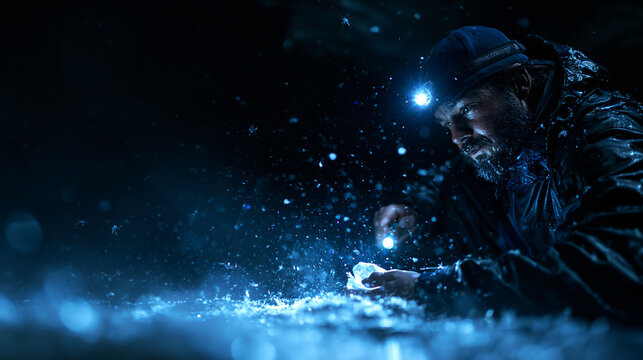Explorer with Headlamp Examining Crystal Ice in Dark Cave
