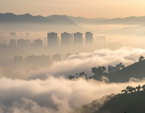Ethereal Cityscape in Misty Morning Light with Silhouetted Buildings and Rolling Hills