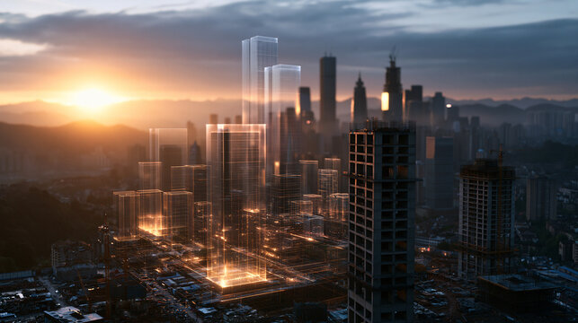 Smart City Digital Twin Architectural Hologram Over Urban Construction