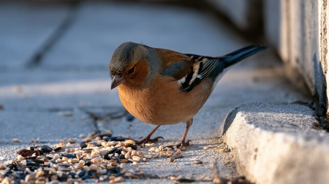 Male common chaffinch (Fringilla coelebs) feeding on birdseed on a stone pavement in warm sunlight.