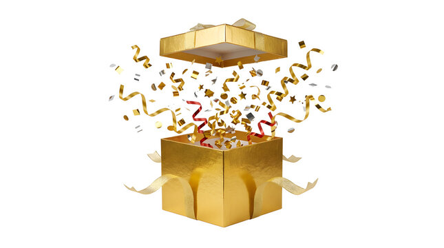 A golden gift box with confetti exploding out for the concept of celebration and surprise.
