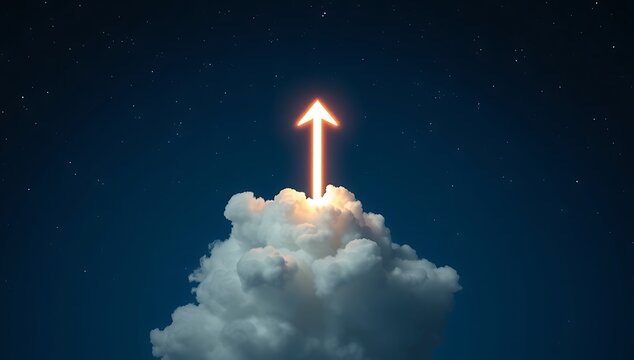 Glowing light arrow pointing upwards from a fluffy white cloud against