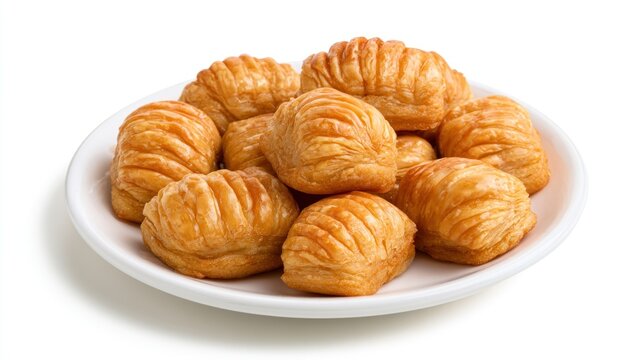 Traditional Turkish Midye Baklava pastries served on a white plate isolated on white background