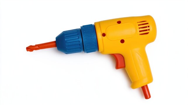 Yellow plastic toy drill for children isolated on white background