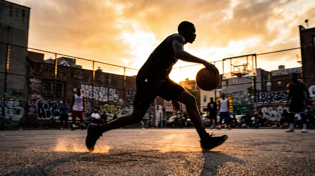 Basketball Player Dribbling on Outdoor Urban Court at Sunset