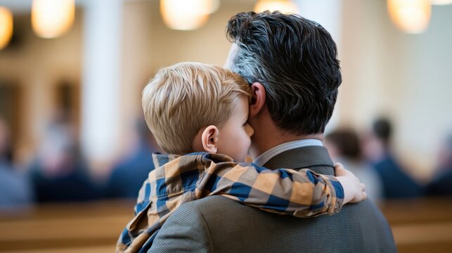 Father holding young son in church during religious service, tender moment of faith and family bonding