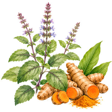Watercolor illustration of turmeric roots and holy basil plant (tulsi) isolated on white.