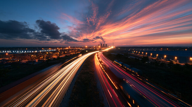 Highway Traffic Light Trails at Sunset near Industrial Area