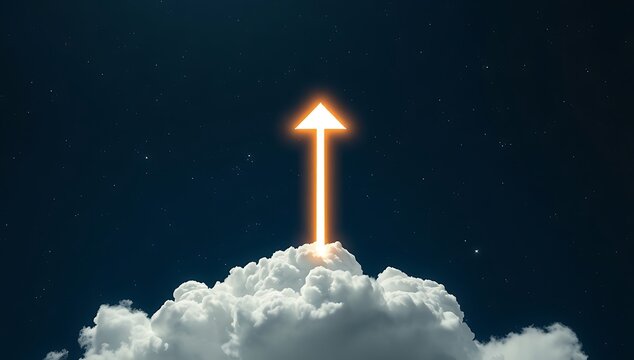 Bright glowing arrow emerging from a cloud pointing up towards a starry dark