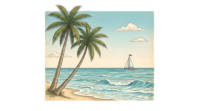 A tranquil beach scene with palm trees and a sailboat for the concept of vacation and relaxation.