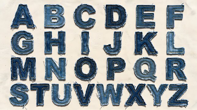 A full alphabet collection with a distinctive worn texture that looks like well worn denim or faded blue cloth ideal for various design applications