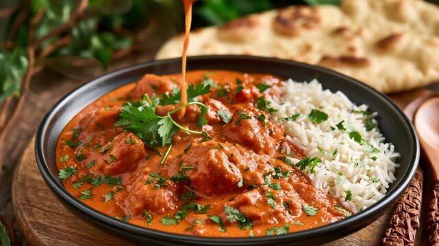 Delicious Butter Chicken Curry With Rice And Naan Bread On Wooden Table, Top View