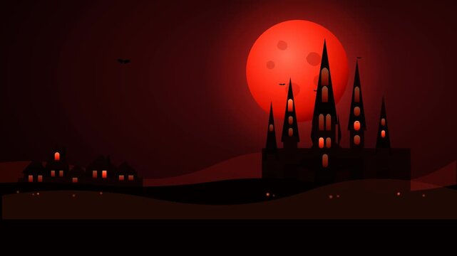 Spooky gothic castle silhouette with a glowing red moon in the dark night sky