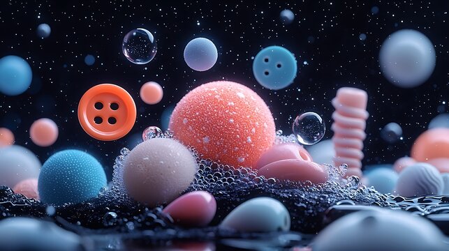 Abstract scene of spheres, buttons, spirals, and bubbles against a dark, starry backdrop