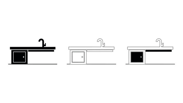Kitchen sink with cabinet vector icons for architectural floor plans and interior design.