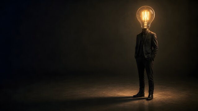 Man in suit with light bulb head stands in dark room with subtle lighting