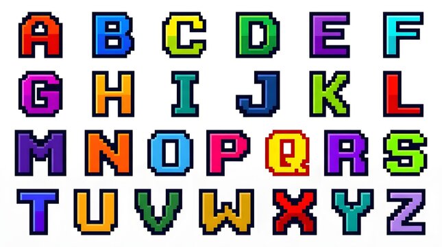 A vibrant collection of colorful pixelated alphabet letters spanning from a to z neatly arranged in a grid pattern suitable for educational materials and design