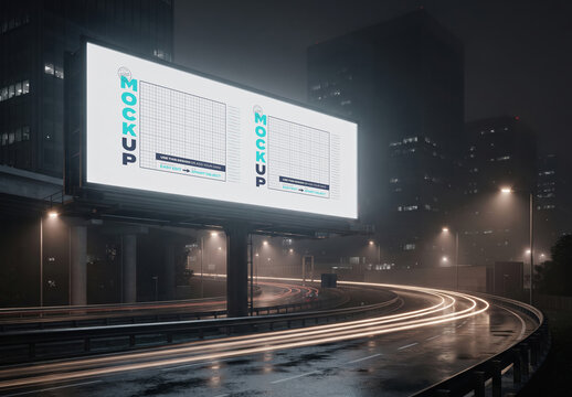 Horizontal Electric Billboard Above Wet Highway Mockup
