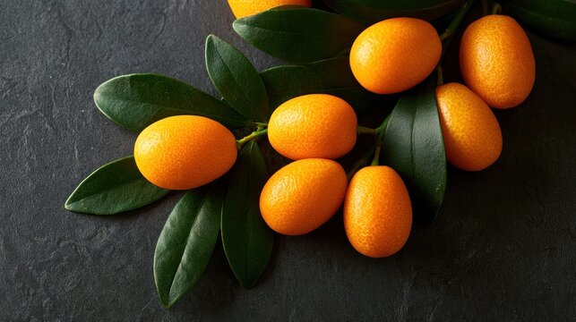 Fresh Ripe Kumquats with Green Leaves on Dark Stone Background