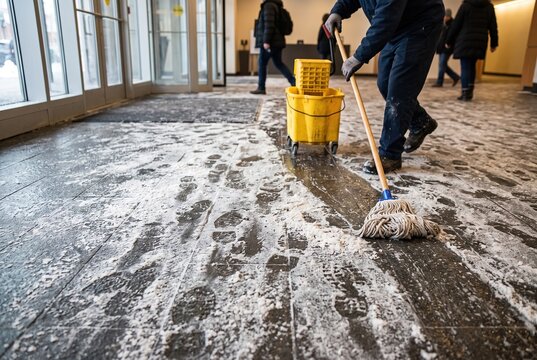 A person mops the floor inside a building during winter. Snowy boots leave muddy footprints on the surface. People walk by, carrying bags and wearing winter coats