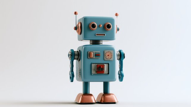 Vintage blue retro toy robot with copper accents isolated on white background, 1950s sci-fi style