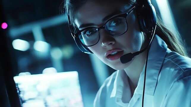 Focused woman with headset and glasses, likely in a call center or tech support role