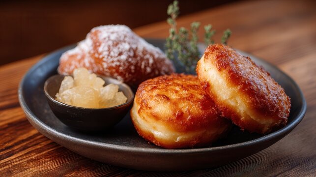 Powdered sugar donut beside potato pancake with bowl of sour cream on rustic wooden table under warm light, festive serving with blurred stack behind for holiday gathering