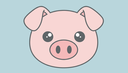 Fototapeta premium Cute cartoon style illustration of a baby pink pig face with big sparkling eyes on a soft light blue background.